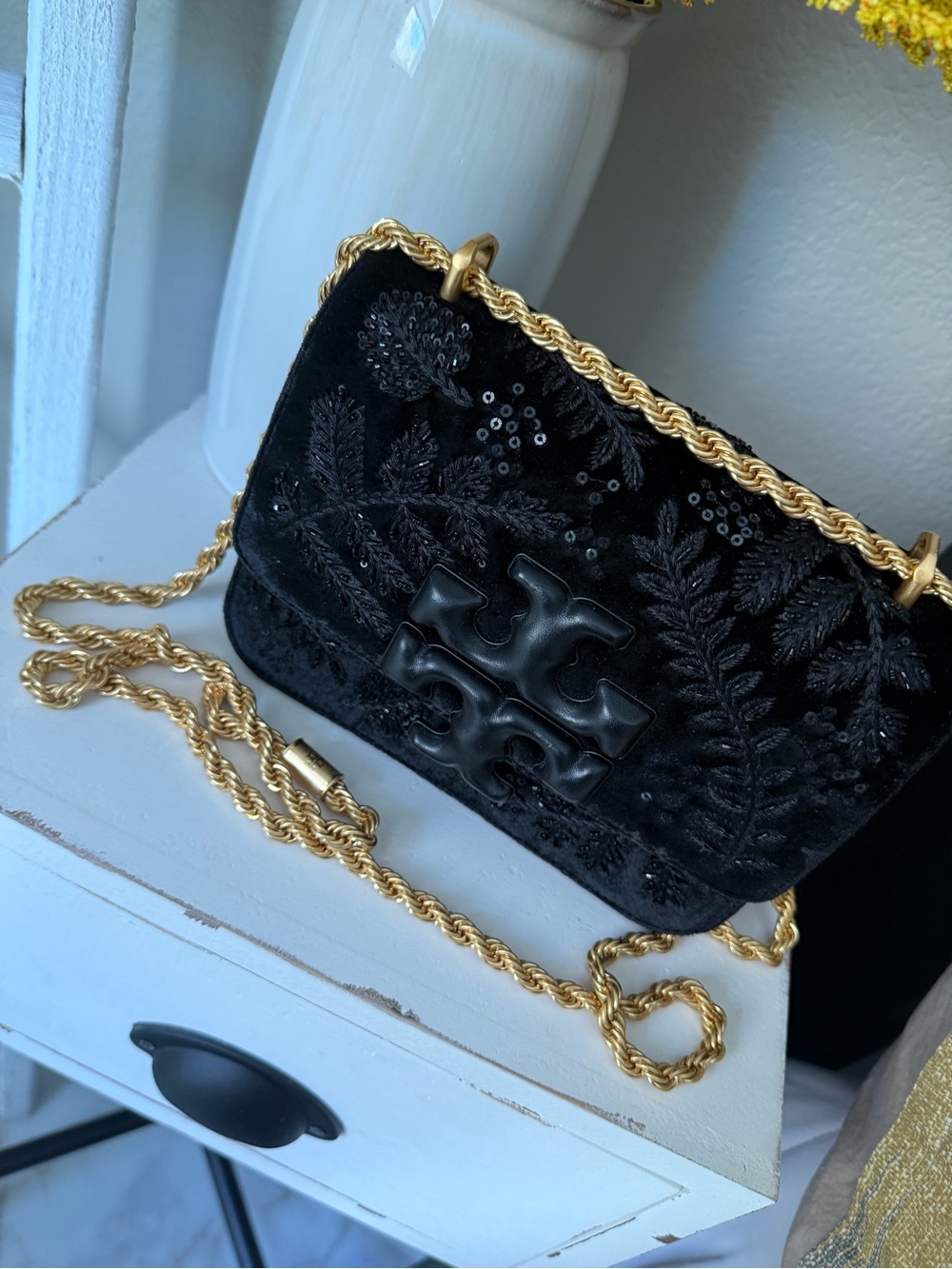 RARE Tory Burch Black Velvet Embroidered Chain Crossbody - Picture 7 of 9